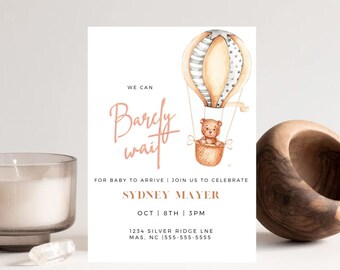 Bear Balloons Baby Shower Invitation Template Gender Neutral Baby Bear Invite, Printable Brown Shower Invite, Editable