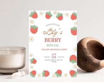 EDITABLE Berry First Birthday Invitation Template, Strawberry Birthday Invite, Instant Download, Printable Girl Invite, first birthday