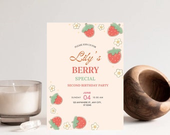Strawberry Birthday Invitation - Self Editable Template for Kids Party Invite | Girl or Boy Birthday | Pretty | DIGITAL | Downloadable
