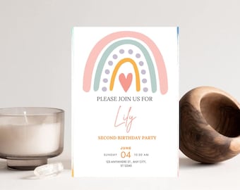Rainbow Pastel Birthday Invitation - Self Editable Template for Kids Party Invite | Girl or Boy Birthday | Pretty | DIGITAL | Downloadable