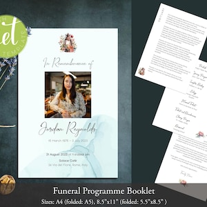 May include: A funeral programme booklet template featuring a watercolor lantern illustration, a central photo placeholder, and the text In Remembrance of Jordan Reynolds, 15 March 1978 – 3 July 2023, 21 August 2023 at 1 o'clock pm, Solace Café, 34 Via del Fiore, Rome, Italy.