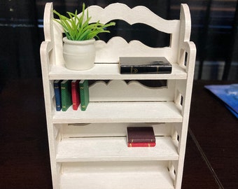 Miniature 1:12th scale scroll bookcase in brown or black for dollhouse/shadow box/room box/diorama.