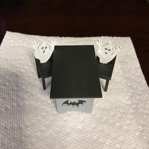 1:24th Miniature cat & bat table and ghost chairs for your dollhouse/diorama/shadow box/room box.