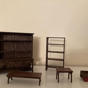 Miniature 1/24 stained display cabinet/end table & coffee table to match/wavy table/ and an adorable wagon for your dollhouse/room box;