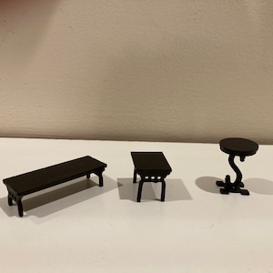 Miniature black or brown 1/24th scale end tables and coffee table for your dollhouse/room box/shadow box/diorama.