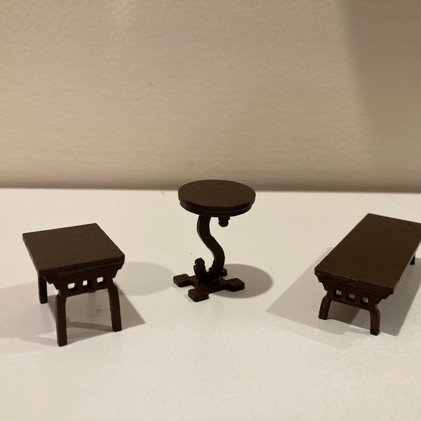 Miniature black or brown 1/24th scale end tables and coffee table for your dollhouse/room box/shadow box/diorama.