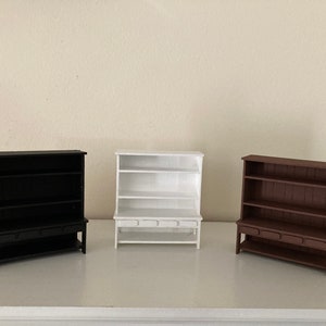 Miniature 1/24th scale display cabinet with shelves in white or brown and black for dollhouse/shadow box/room box /diorama.