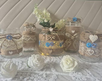 Rustic Handmade Mason Jars with Blue Florals | Vintage Wedding Decor