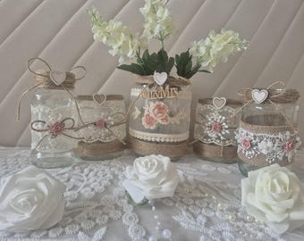 Rustic Mason Jar Centerpieces, Lace & Burlap Jar Set, Mr and Mrs Wedding Table Decor