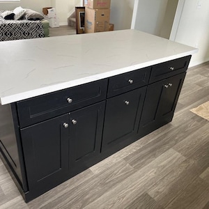 Kitchen Island, Butcher Block/Quartz top Kitchen Island with Seating Option, with Storage, Trash Bin, Shelving,