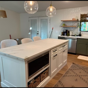 7ft Custom Kitchen Islan-Quartz Top + Build-in Microwave Space, Rollout Trays & Trash Drawer