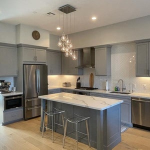 7ft Custom Kitchen Island - Calacatta Quartz Top, Trash Tra & Roll-out Storage