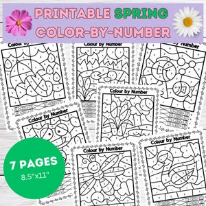 May include: Printable spring-themed color-by-number activity pages for kids. Seven black and white pages feature images of a ladybug, a butterfly, a swan, a frog, a flower, an umbrella, and a fish. Each page includes a color key and the text "Colour by Number".