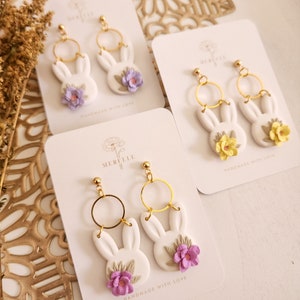 Bunny Floral Polymer Clay Earrings: Handmade Easter Jewelry