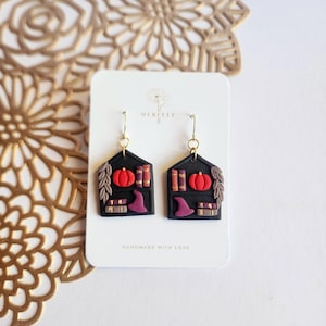 Bookish Witch Clay Earrings – Witch Hat Pumpkin Bookshelf Dangle Earrings | Spooky Fall Jewelry Gift