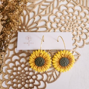 Sunflower Earrings – Polymer Clay Flower Jewelry, Summer Statement Dangle Earrings, Boho Floral Hoop Earrings