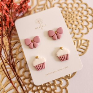 Kawaii Bow & Cupcake Stud Earrings: Handmade Polymer Clay Jewelry