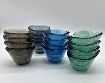 Handmade Recycled Glass Dipping Bowls: Green, Blue, Bronze, Grey - Set of 4