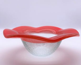 Handmade Recycled Glass Bowl Set: Colored Rim, Wavy Design