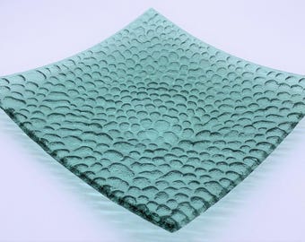 Handmade Recycled Glass Plate Set: Blue Green Bubble Design