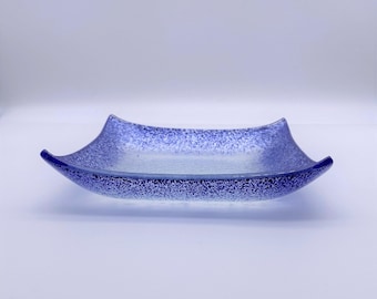 Handmade Square Glass Dessert Plate: Blue Speckled Rim, Recycled Glass