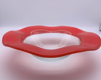 Handmade Recycled Glass Bowl: Wavy Red Rim, Salad Pasta Fruit
