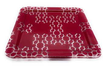 Handmade Red Glass Plate: Square Flower Design, Cake Plate