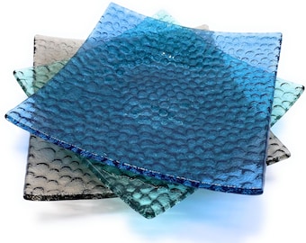 Handmade Recycled Glass Plate Set: Square Bubble Design, Food Safe