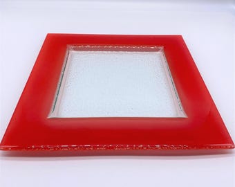 Handmade Square Glass Plate: Colored Rim, Recycled Glass