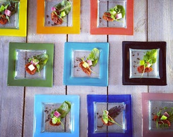 Handmade Square Glass Dessert Plates: Recycled Glass, Set of two