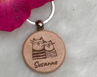 Holz Schlüsselanhänger personalisierter - süße Katzen