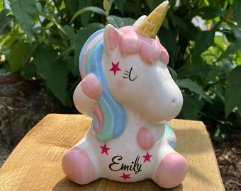 Tirelire licorne, personnalisée avec son nom, tirelire en cadeau, cadeau d'argent pour le baptême, la scolarisation, l'anniversaire