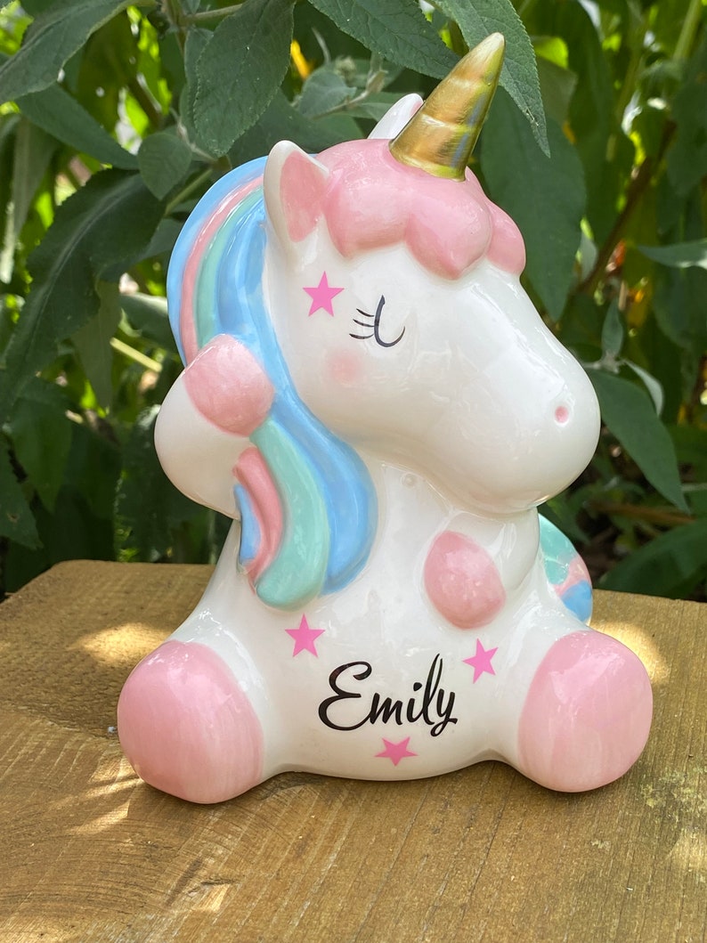 Tirelire licorne, personnalisée avec son nom, tirelire en cadeau, cadeau d'argent pour le baptême, la scolarisation, l'anniversaire image 2