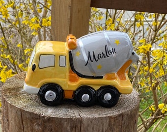 Concrete mixer money box personalized with name, piggy bank as a gift for christenings, school enrolments, birthdays etc. Money gift.