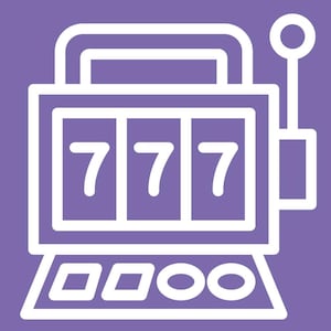 May include: A white outline illustration of a slot machine on a purple background. The slot machine displays three sevens in the window. The handle is on the right side, and the base has geometric shapes.