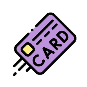 以下が含まれることがあります： 紫色のクレジットカードのイラスト。黒い文字で「CARD」と書かれています。カードには黄色の四角と黒い線があります。動きの線は動きを示唆しています。シンプルでモダンなデザインです。