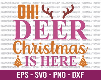 Może przedstawiać: Różowo-pomarańczowy projekt graficzny z tekstem "Oh! Deer Christmas is here" z dwoma rogami renifera i dwoma choinkami.