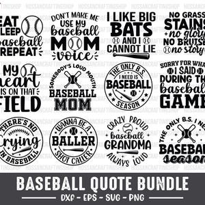 Könnte beinhalten: Eine Sammlung von 12 Baseball-Zitaten in Schwarz und Weiß. Die Zitate enthalten Sätze wie "Eat Sleep Baseball Repeat", "I Like Big Bats" und "Baseball Mom". Das Bundle ist in den Formaten DXF, EPS, SVG und PNG erhältlich.