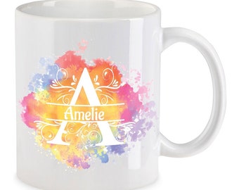 Lovegoals Kaffee-Tasse mit Buchstabe Monogramm personalisiert Aquarell-Motiv Initiale persönliche Geschenke weiß Keramik-Tasse