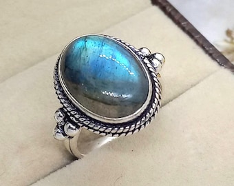 Natural Labradorite Ring: 925 Sterling Silver Rings, Handmade Jewelry