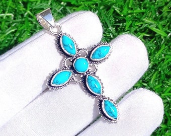 Sterling Silver Turquoise Cross Pendant: Handmade Gemstone Necklace