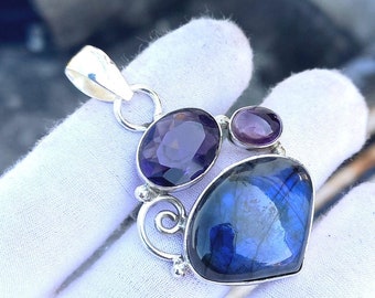 Natural Labradorite Amethyst Pendant, 925 Sterling Silver, Labradorite Necklace, Handmade Pendant, Statement Pendant, Gift For Mother