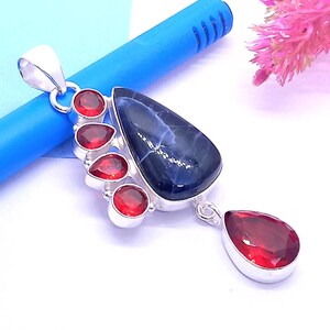 Handmade Sodalite & Garnet 925 Sterling Silver Pendant Necklace