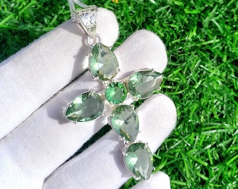 Green Topaz Cross Pendant: Handmade Sterling Silver Necklace