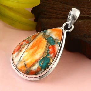 Teardrop Orange Spiny Oyster Turquoise Pendant, 925 Sterling Silver, Handmade