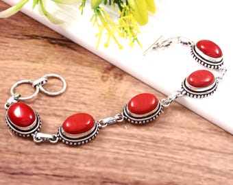 Red Coral Bracelet: Handmade 925 Sterling Silver Boho Gemstone