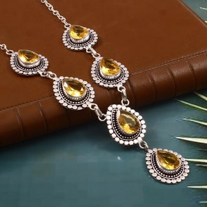 Handmade Faceted Citrine Quartz 925 Sterling Silver Statement Necklace