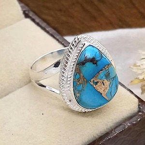 Copper Turquoise Ring, 925 Sterling Silver Ring, Blue Copper Turquoise Handmade Ring, Statement Ring, Silver Band Ring Anniversary Gift Ring