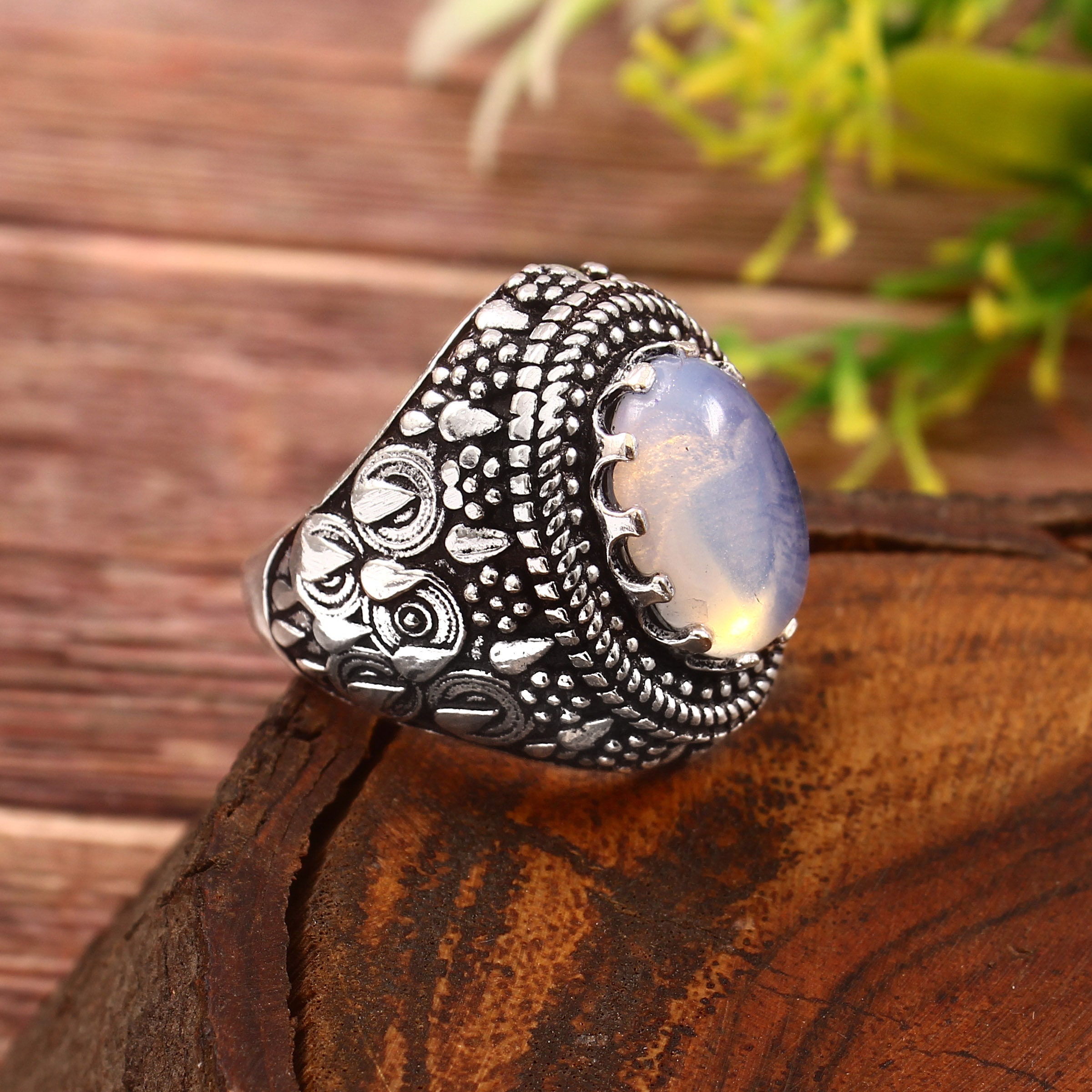 Bague Vintage En Argent Avec Perle Et Pierre De Lune - Taille 54, Parfait état, élégant Bijou Ancien