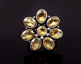 Handmade Citrine Flower Ring: 925 Sterling Silver Adjustable Boho Ring